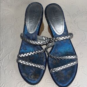 Denim and silver  wedge sandals. 8 1/2 M. Cork wedge 4”. Guess by Marciano.